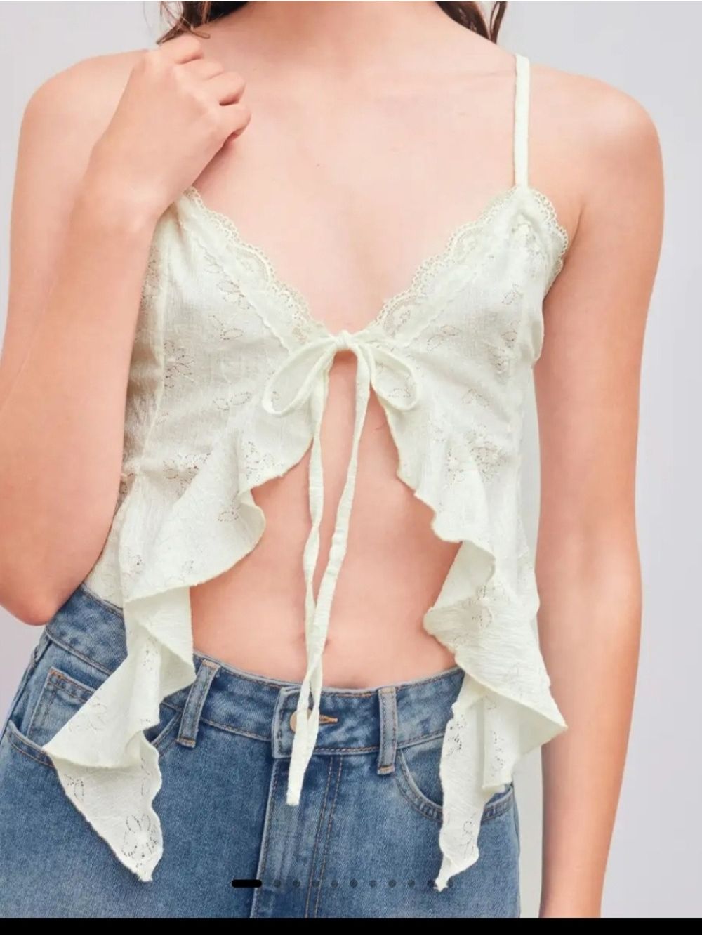 Cider Lace Tie-Front Ruffle Crop Top - Women Size Medium Cream